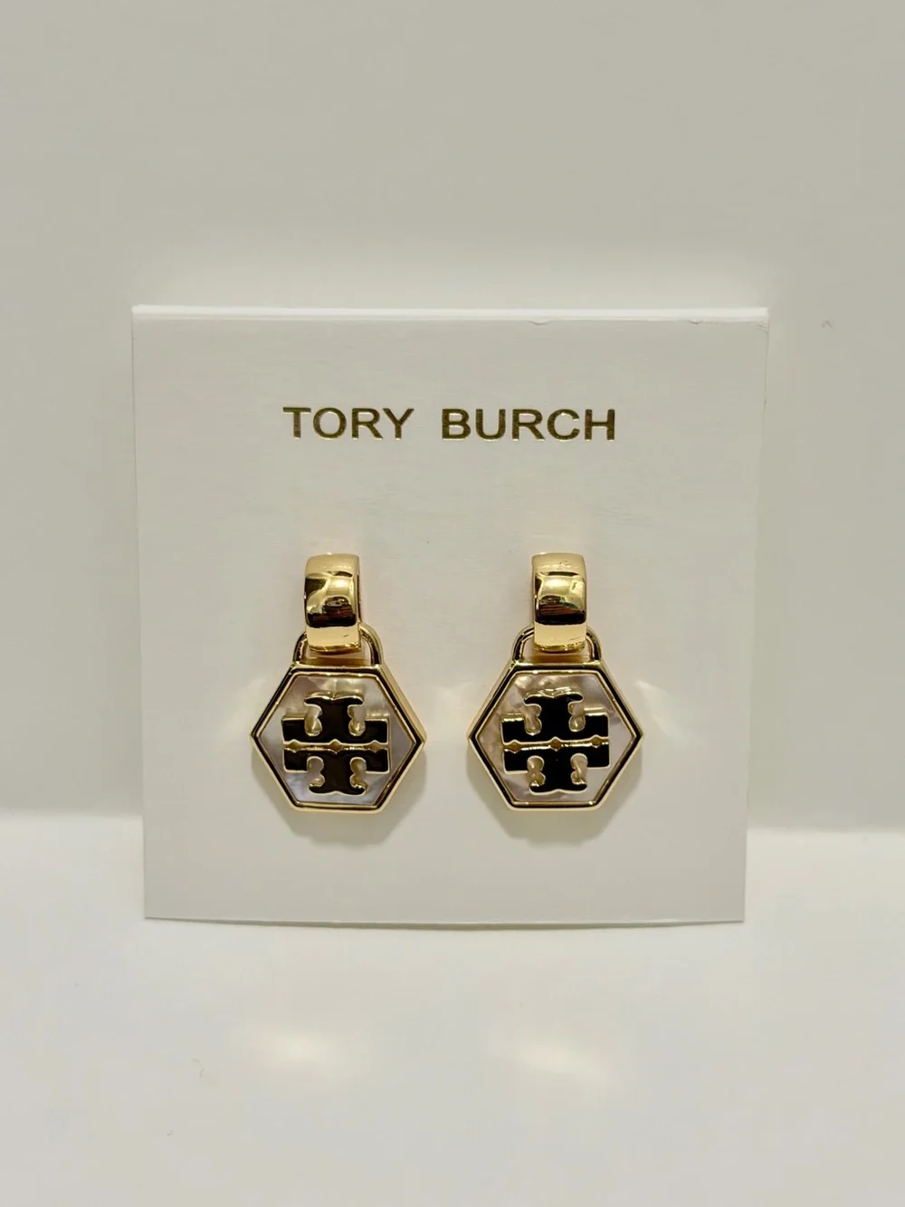 TORY BURCH MOTHER-OF-PEARL GEO HEXAGONAL DROP EARRINGS IN IVORY, NEW